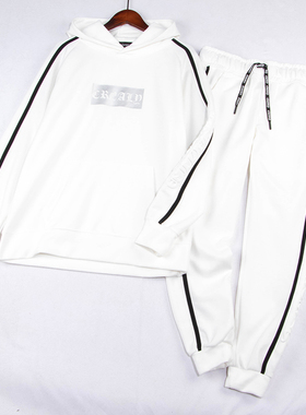 日单春秋新品连帽袖子字母浮印套头卫衣+松紧腰运动卫裤套装18438