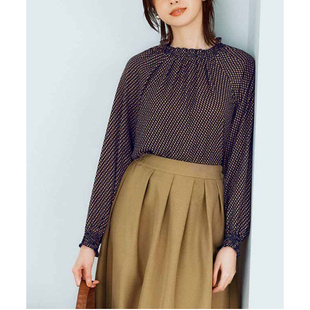 女32242 雪纺衫 日单品牌春夏新品 通勤百搭松紧立领几何印花喇叭袖