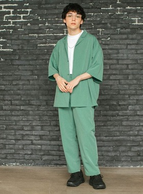 日单春夏新款简单休闲翻领短袖衬衫松紧腰休闲裤套装男女21099