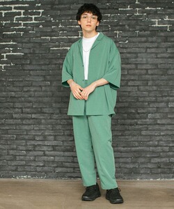 日单春夏新款简单休闲翻领短袖衬衫松紧腰休闲裤套装男女21099