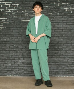 套装 日单春夏新款 松紧腰休闲裤 衬衫 男女21099 简单休闲翻领短袖