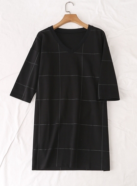 日单夏季新款简单大方休闲罗纹鸡心领格子印花短袖T恤连衣裙19941