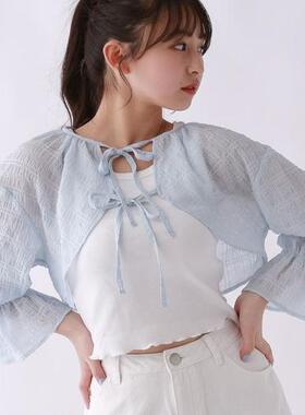 日单品牌夏季新款清新甜美减龄双系带短款开衫小衫披肩外套28825