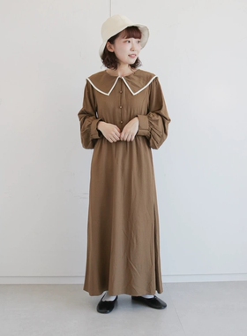 日单品牌ehka*春秋文艺范镶边海军领系扣松紧腰天丝连衣裙女27148