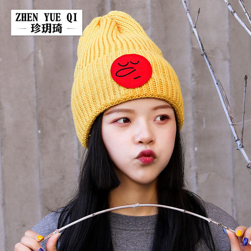 冬季原宿风长鼻子贴布针织帽女韩国毛线帽男韩版学生保暖帽子冬天