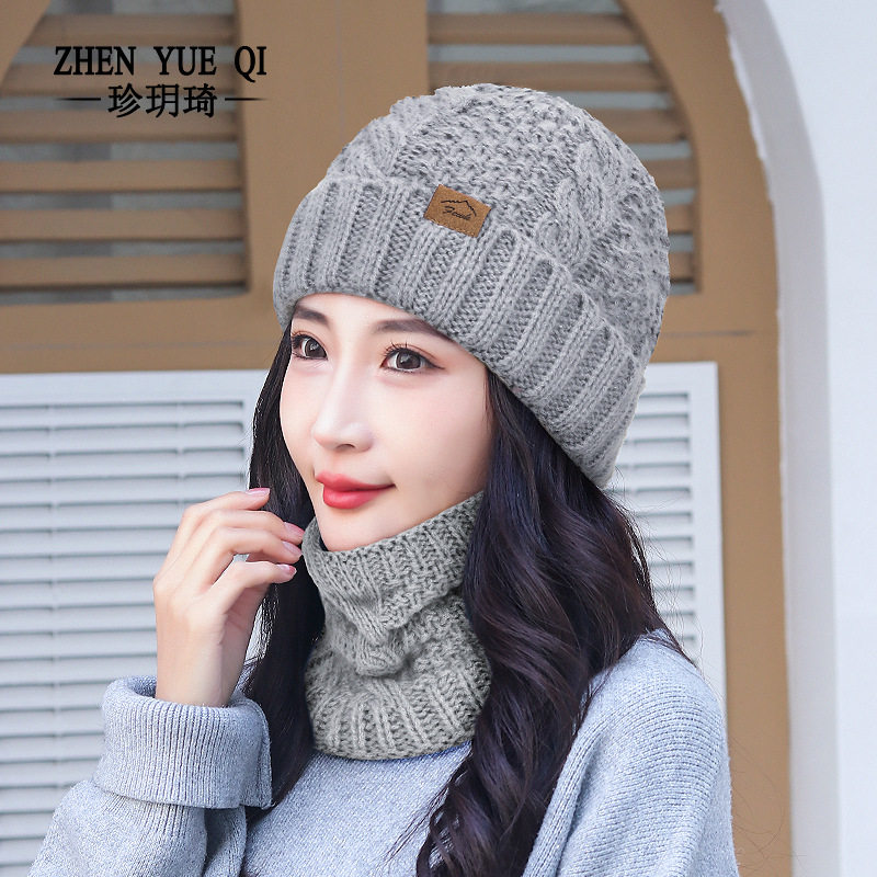 冬季麻花加绒帽子围脖套装女士防寒保暖针织帽护耳套头毛线帽