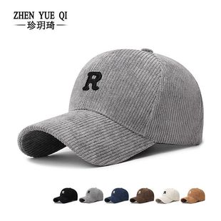秋冬季新款简约立体字母R纯色条绒棒球帽硬顶不塌可调节时尚帽子