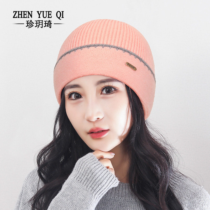 撞色毛线帽新款百搭女秋冬显脸小护耳针织帽韩系防寒保暖包头