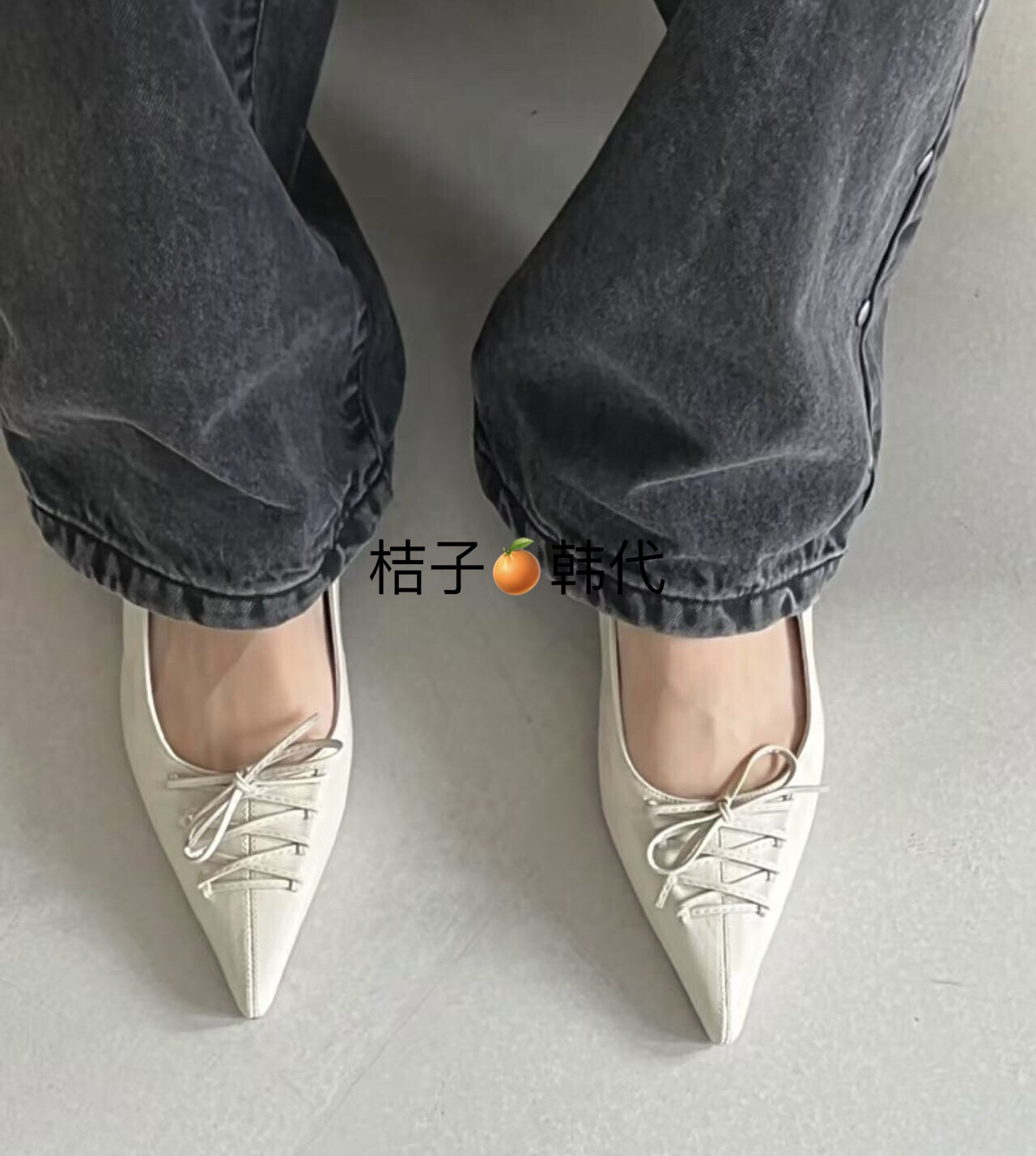 桔子韩代～韩国东大门2025春ins法式复古尖头绑带蝴蝶结平底单鞋