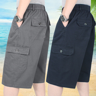 薄款 高腰短裤 多口袋男式 中老年宽松水洗纯棉直筒中裤 七分裤 夏季