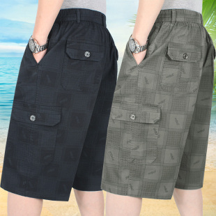 高腰短裤 六分裤 夏季 多口袋男式 中老年宽松水洗 薄款 纯棉直筒中裤