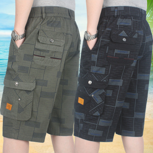 宽松中裤 爸爸多口袋爷爷短裤 高腰夏季 薄款 男式 马裤 纯棉休闲七分裤