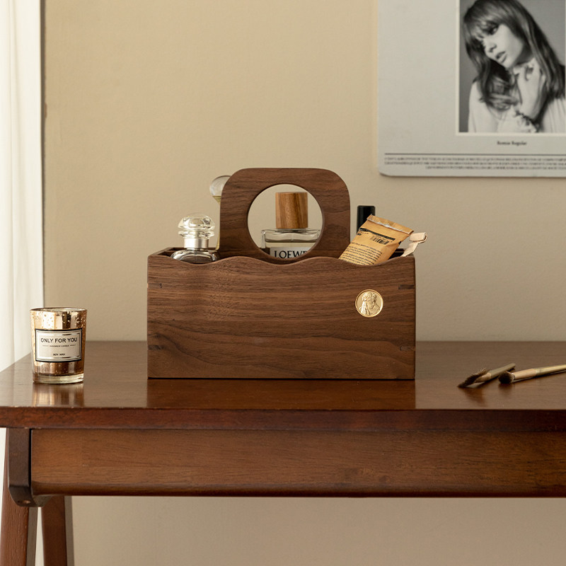 化妆品收纳盒木质桌面高级梳妆台护肤品口红首饰盒玄关杂物收纳筐