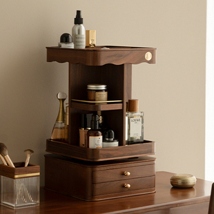 化妆品收纳盒桌面木质口红香水梳妆台旋转置物架抽屉式首饰盒