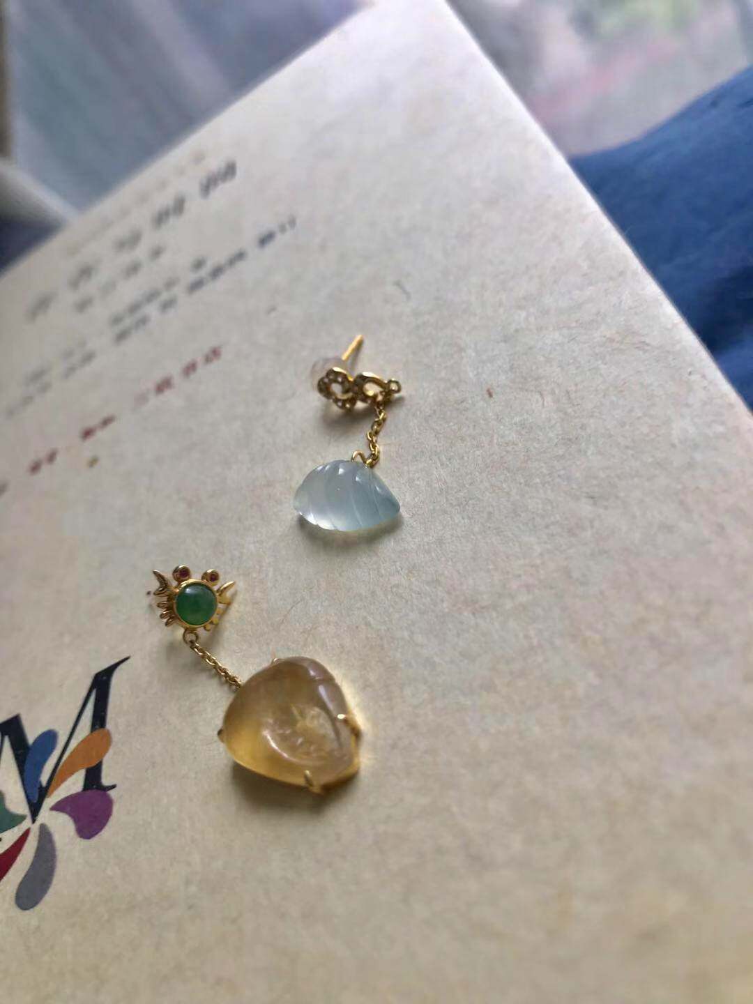 紫风三千院 天然满绿翡翠 蟹钳 贝壳镶嵌18k金 不对称海洋风耳坠