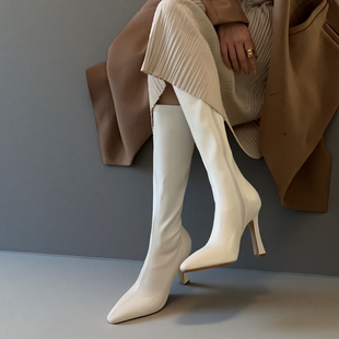 店主自留@白色靴子女尖头弹力长靴美式瘦瘦靴细跟高跟高筒长统靴