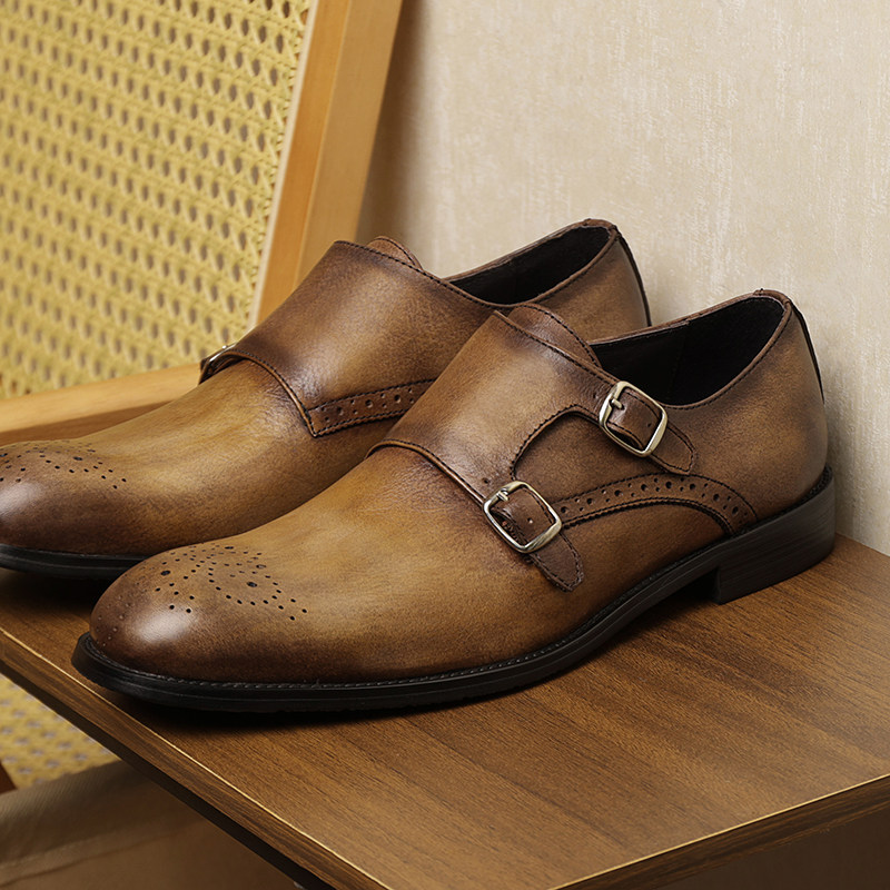 英伦风商务布洛克雕花复古真皮男鞋透气搭扣德比鞋孟克鞋正装皮鞋