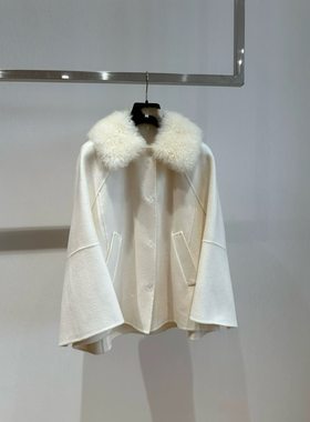 高端新款羊绒斗篷大衣外套白色黑色毛领