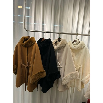 高端新款兔毛领焦糖色黑色羊绒大衣女中长款斗篷披肩外套