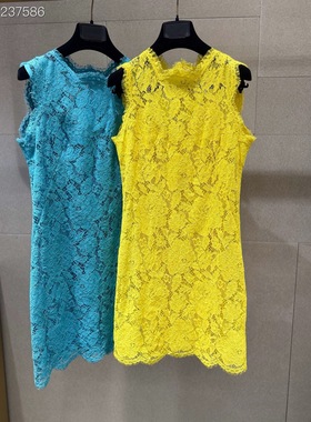 新款高端真丝无袖水溶蕾丝蓝色黄色连衣裙吊带背心裙