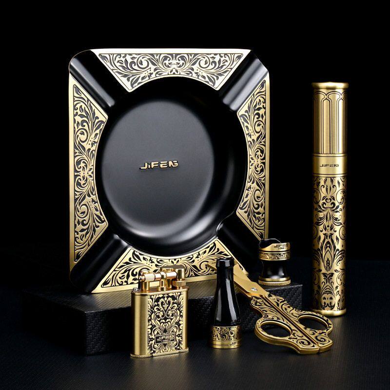 正品JIFENG季风雪茄剪套装充气打火机雪茄烟灰缸雪茄管印花六件套