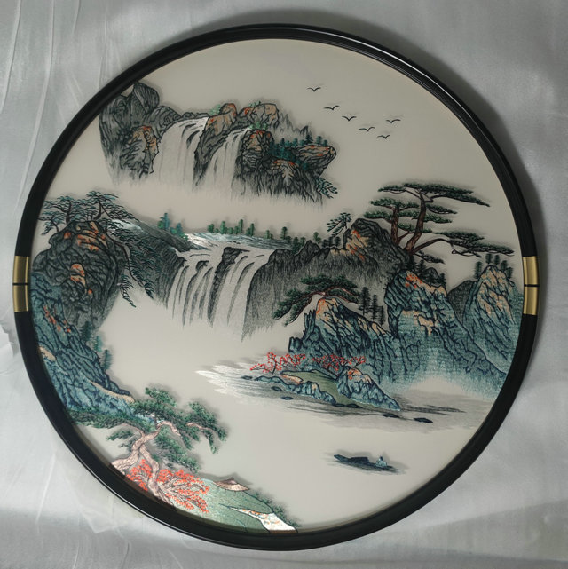 苏州刺绣机绣仿手工圆形走廊玄关山水装饰画挂画工艺品礼品80成品图片