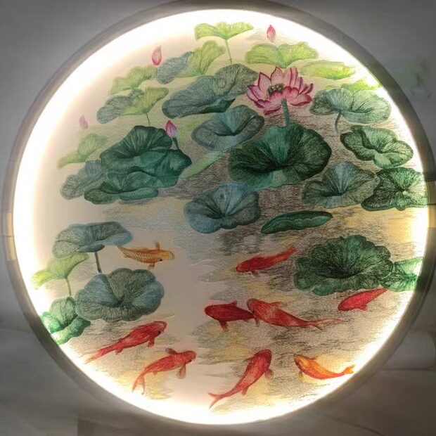 苏州刺绣机绣仿手工九鱼图灯带灯光圆形玄关装饰画带框成品挂画