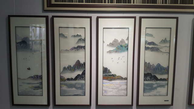 苏绣挂画装饰画刺绣家居新中式中国风四条屏客厅背景墙彩色山水图片