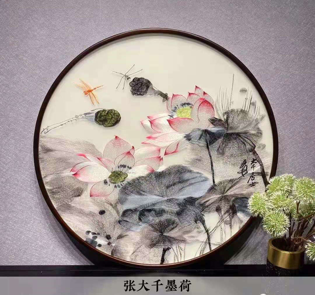 苏州刺绣圆形带框成品装饰画玄关走廊餐厅挂画苏绣荷花客厅床头图片