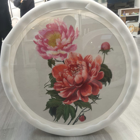 苏州刺绣机绣牡丹玄关客厅圆形带框装饰画挂画礼品成品特产织锦绣图片