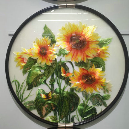 苏州刺绣向日葵装饰画挂画玄关走廊带框成品圆形工艺品中式花卉图片