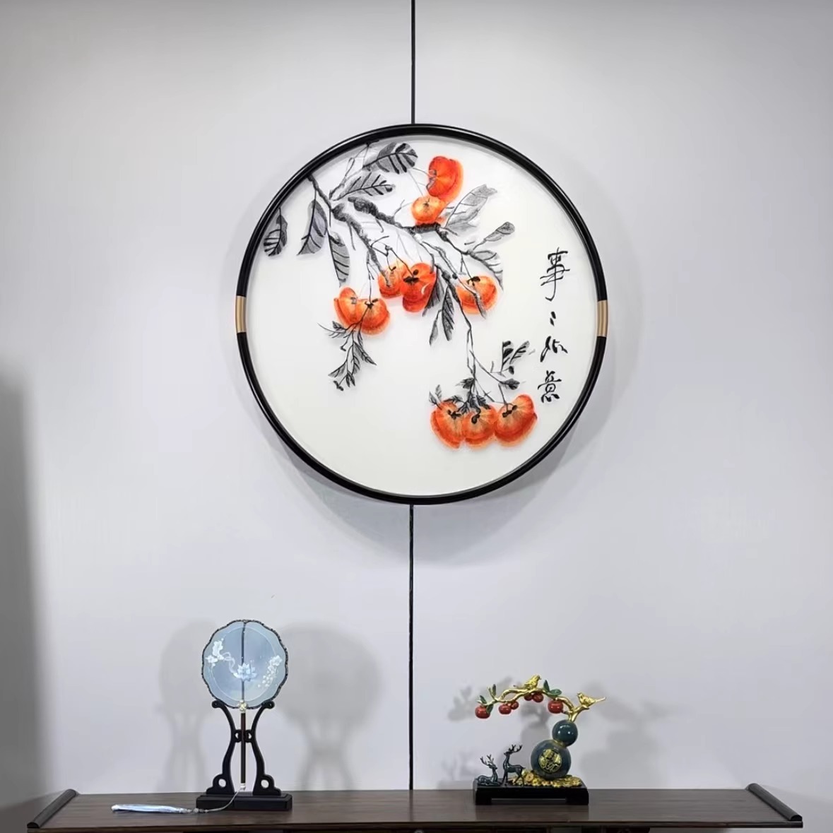 苏州刺绣机绣仿手工圆形走廊玄关成品装饰画挂画中式山水牡丹礼品图片