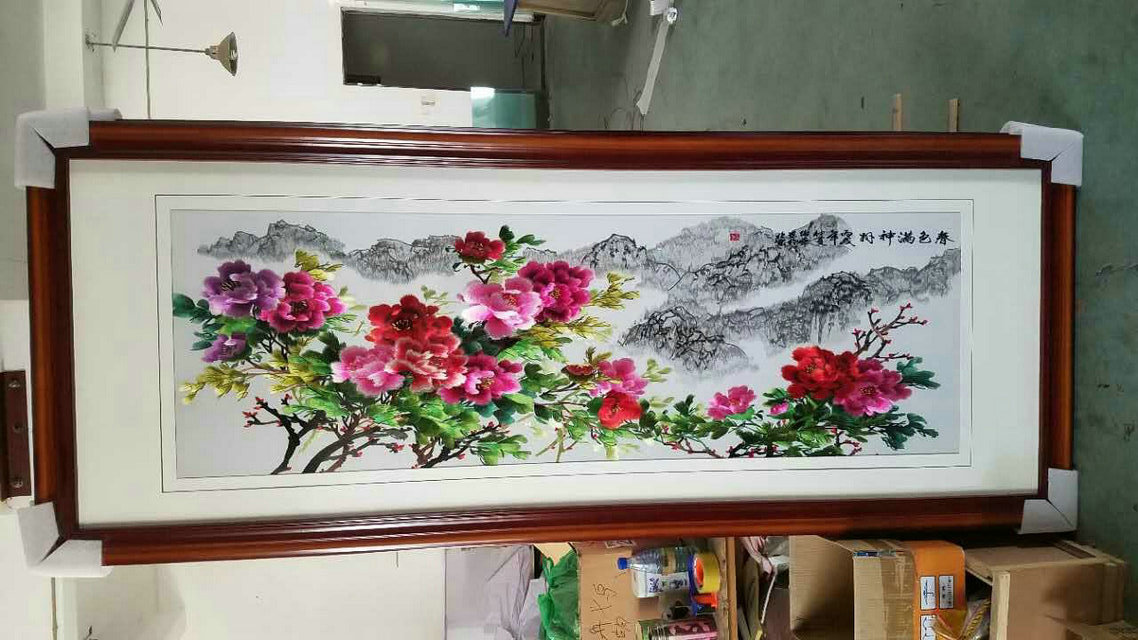 春色满神州客厅背景墙牡丹花装饰画苏绣苏州刺绣机绣礼品精品德丰图片