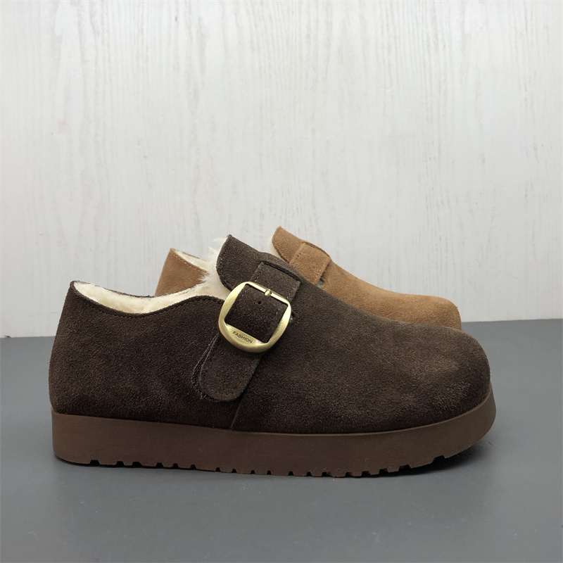 工厂断码真皮女鞋冬季新款勃肯鞋圆头厚底日常保暖磨砂皮女棉鞋
