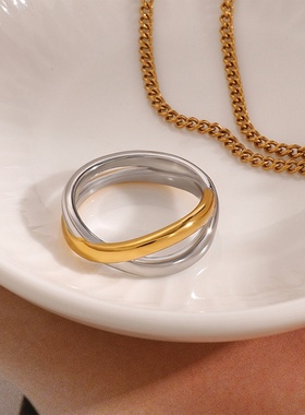 欧美拼色交叉戒指感小众指环