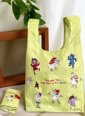 日系新款黄色coco酱便携环保袋卡通印花可折叠购物袋大容量收纳包