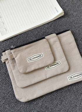 日单亚麻大号纯棉刺绣手拿包灰色出差2口袋多功能票据收纳化妆包