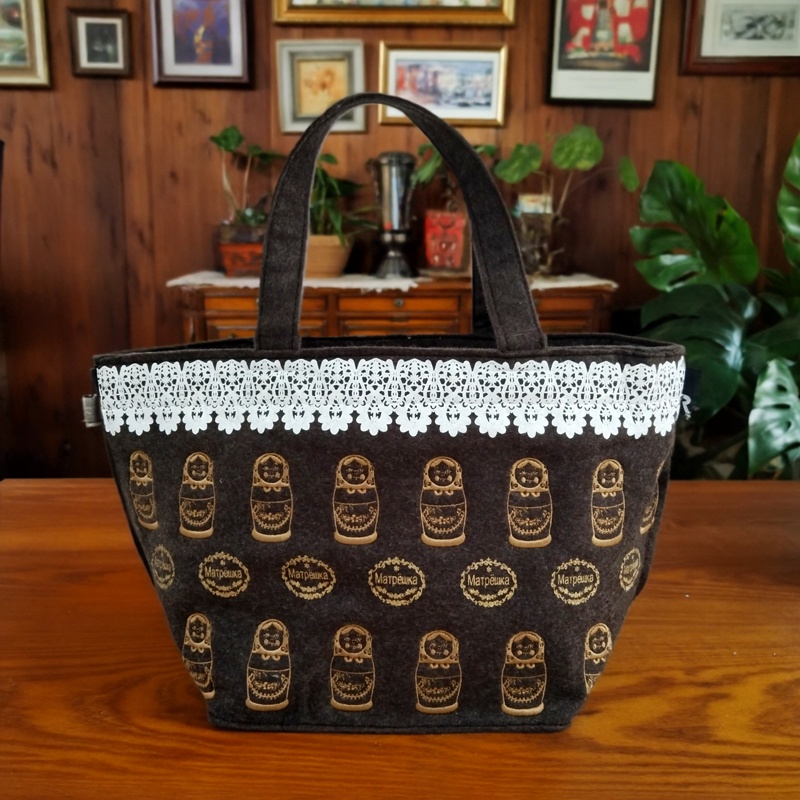 日式手提购物收纳包通勤饭盒包印花刺绣娃娃公仔手拎包手提大饭袋