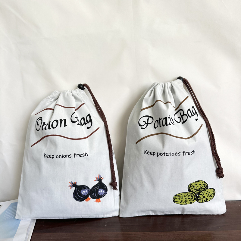 外贸双层加厚棉布抽绳收纳袋蔬菜水果食品零食保鲜购物储物收纳包