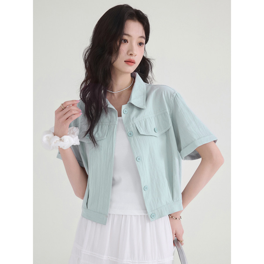夏季透气翻领短袖工装衬衫外套女