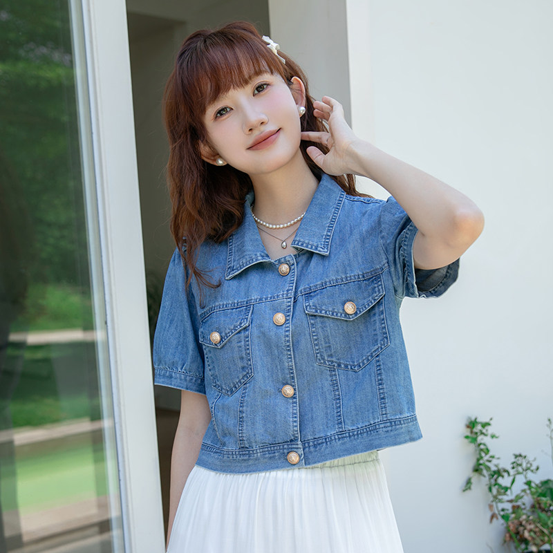 复古短袖牛仔衬衫外套女短款上衣