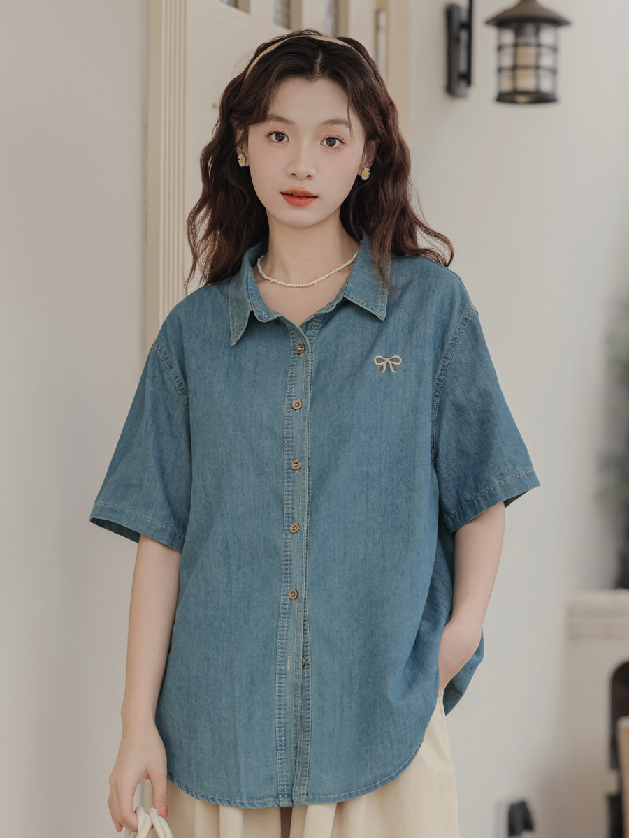 休闲百搭短袖牛仔衬衫女宽松上衣