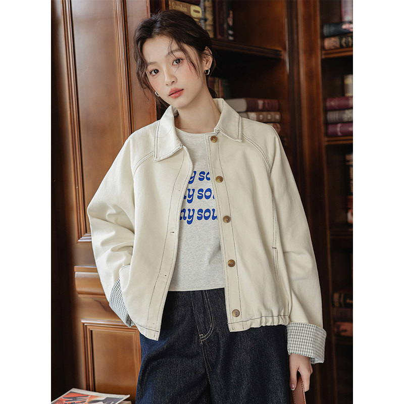 白色明线牛仔外套女宽松抽绳夹克