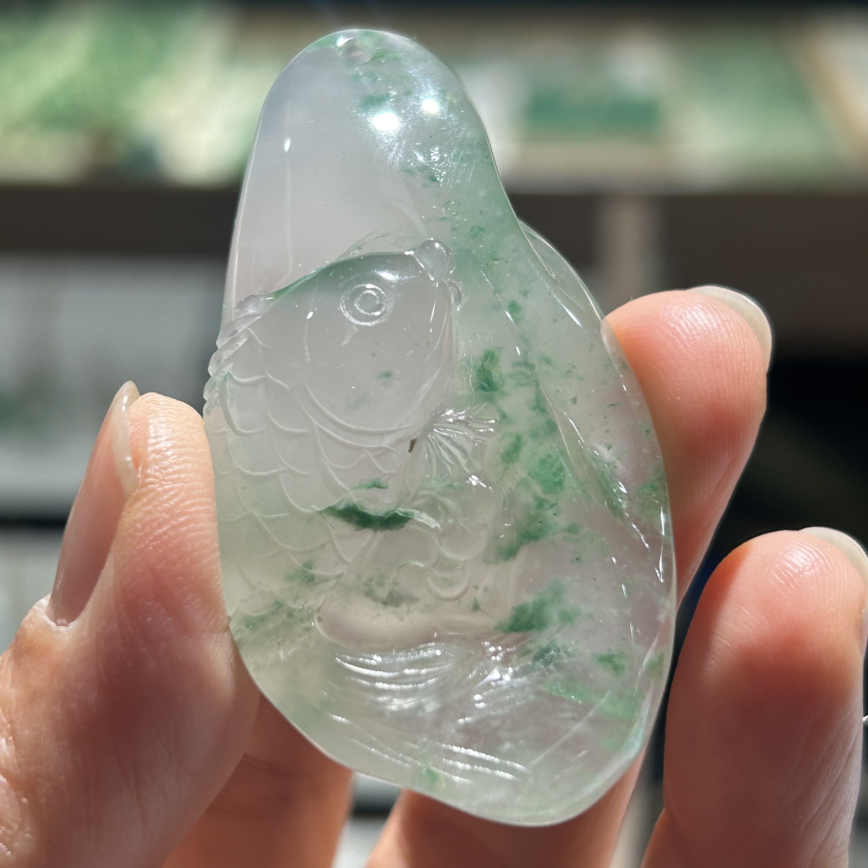 非洲翠纯天然玉石A货正品冰种飘蓝花玉坠挂件吊坠项坠年年有余