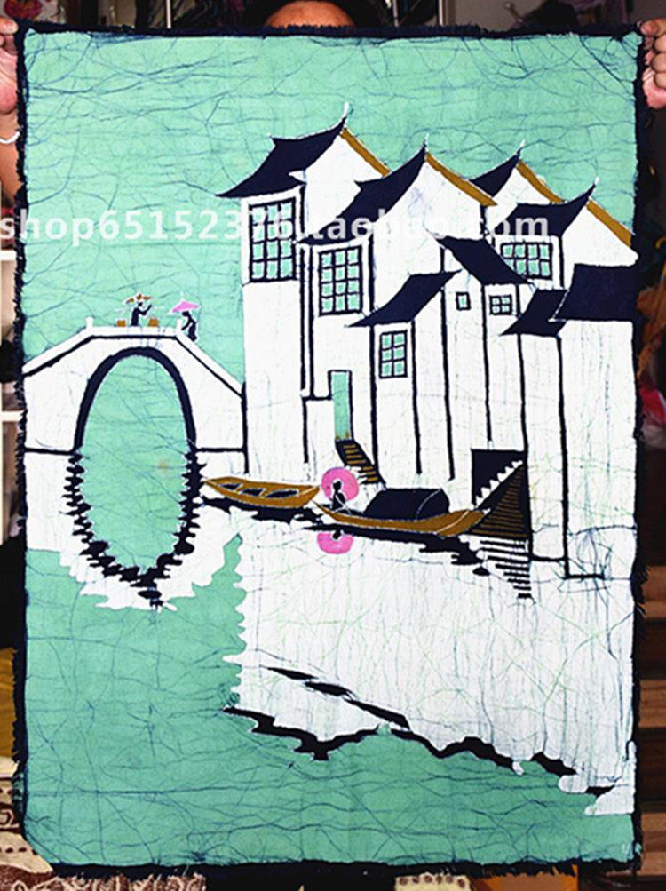 蜡染画 贵州苗族手工蜡染 民族特色蜡染 装饰壁挂 水乡 90*65cm