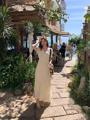 Приталенный корсет, летнее платье, длинная юбка, короткий рукав, V-образный вырез