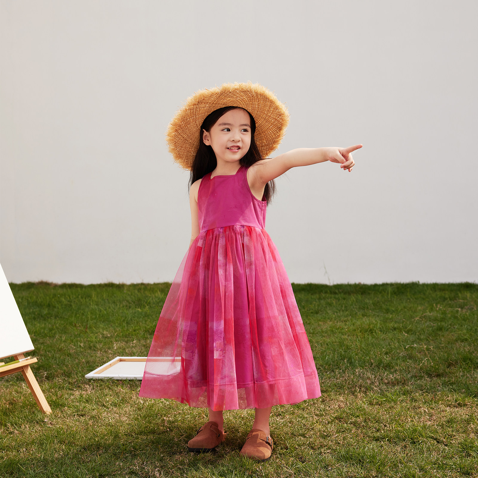 小鸡家原创夏季背心儿童连衣裙 油画晕染亲子玫红轻巧纱裙