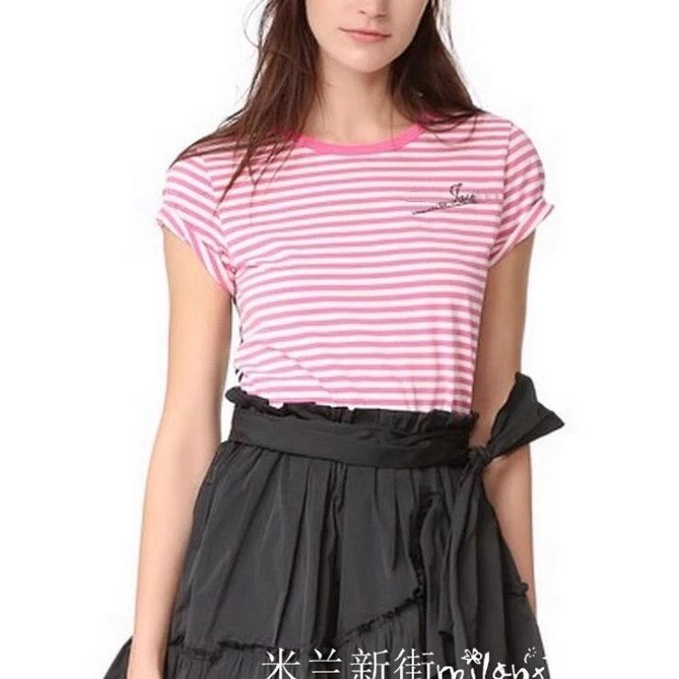 原358~捡漏百搭时尚双色条纹拼接后背豹纹印花纯棉T恤女圆领