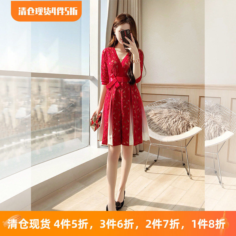 红色连衣裙春季2026马年女小个子渐变蕾丝短裙法式甜辣裙子两件套