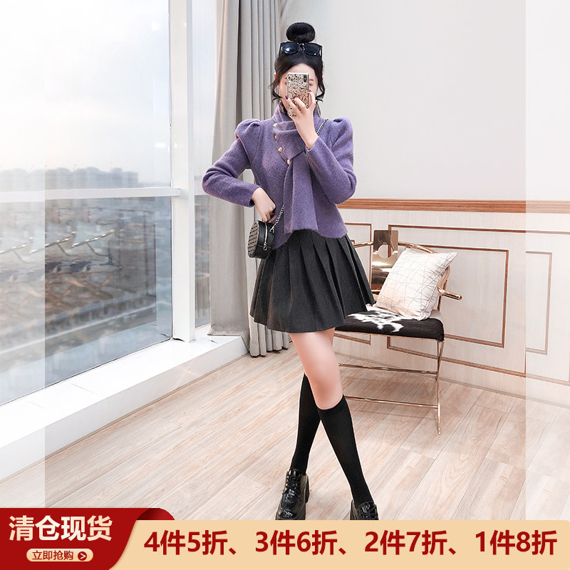 针织衫上衣配围巾两件套短裙套装